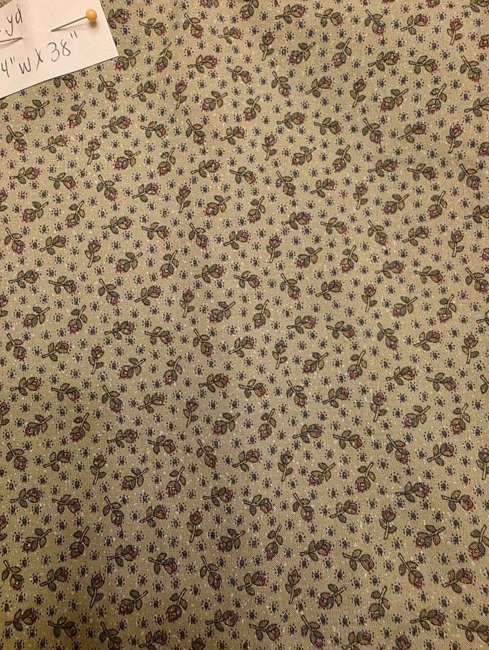 Cotton Green floral fabric 1 YARD Tan Red Green Black